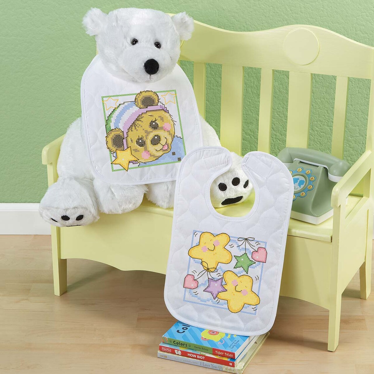 Baby by Herrschners Cozy Teddy Baby Bibs Stamped Cross-Stitch Kit